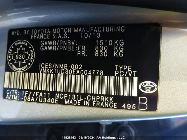 11926163 :رقم المزاد ، VNKKTUD30EA004778 vin ، 2014 Toyota Yaris Se مزاد بيع