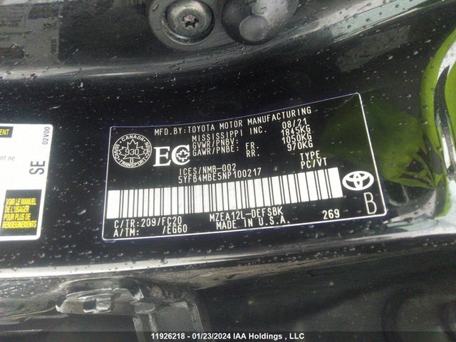Toyota COROLLA 2022 5YFB4MBE5NP100217 Image 9