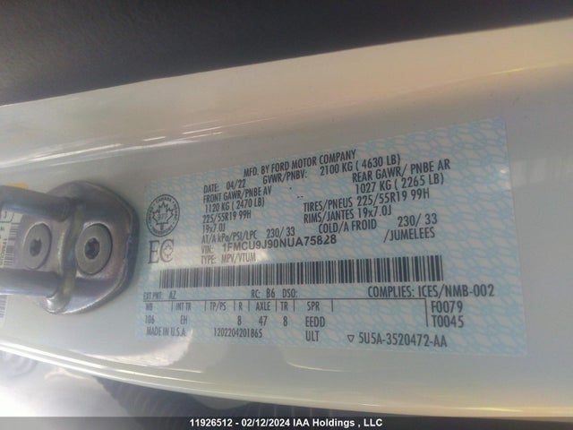 2022 FORD ESCAPE TITANIUM VIN: 1FMCU9J90NUA75828