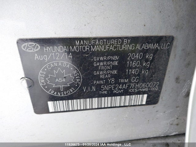 Hyundai SONATA GLS 2015 5NPE24AF7FH060072 Image 9