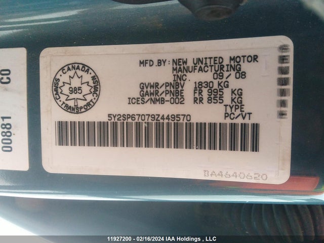 2009 Pontiac Vibe მანქანა იყიდება აუქციონზე, vin: 5Y2SP67079Z449570, აუქციონის ნომერი: 11927200