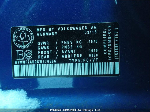 WVWUF7AU0GW276566 Volkswagen Golf R