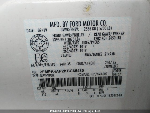 Ford EDGE ST 2019 2FMPK4AP2KBC65480 Image 9