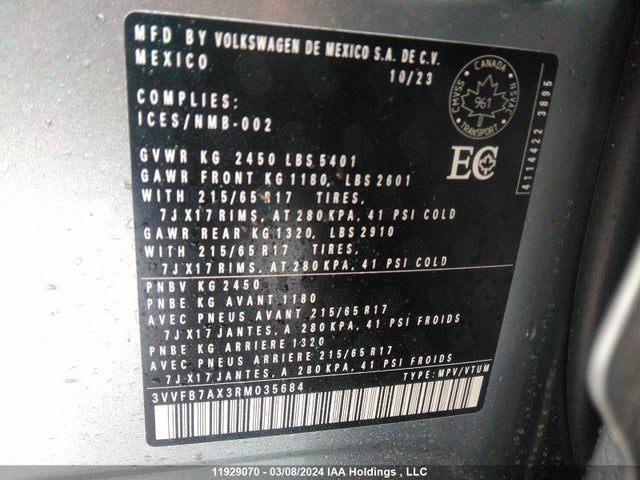 3VVFB7AX3RM035684 Volkswagen TIGUAN S