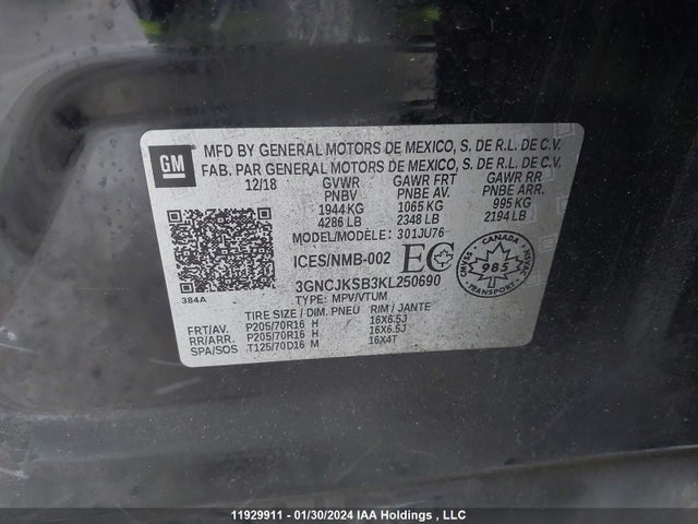 Продажа на аукционе авто 2019 Chevrolet Trax Ls, vin: 3GNCJKSB3KL250690, номер лота: 11929911