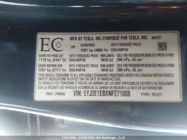 5YJ3E1EBXNF271008 Tesla MODEL 3