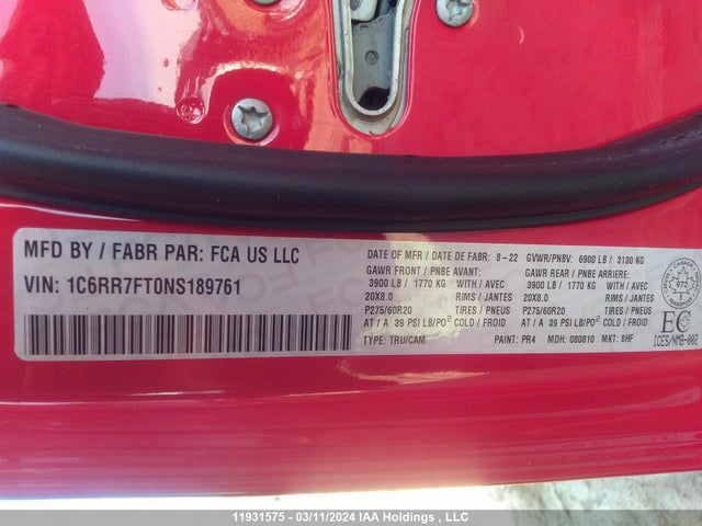 1C6RR7FT0NS189761 RAM 1500 Classic Tradesman