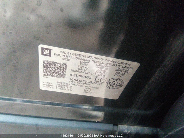 2GNAXKEV7K6158191 Chevrolet EQUINOX LT