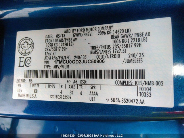 Ford ESCAPE SE 2018 1FMCU0GD2JUC50906 Image 29