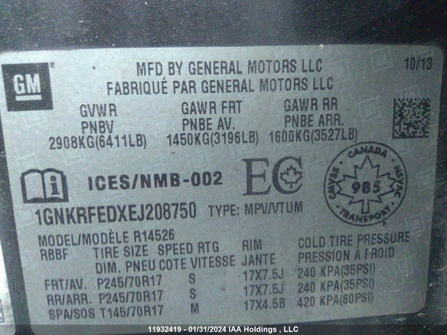 Chevrolet Traverse 2014 1GNKRFEDXEJ208750 Image 9