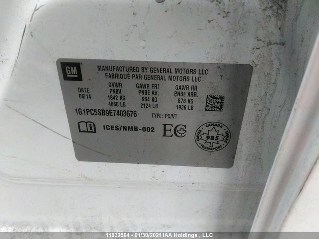 11932564 :رقم المزاد ، 1G1PC5SB9E7403676 vin ، 2014 Chevrolet Cruze مزاد بيع
