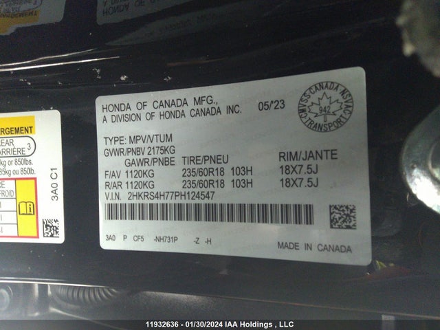 2023 Honda Cr-v მანქანა იყიდება აუქციონზე, vin: 2HKRS4H77PH124547, აუქციონის ნომერი: 11932636