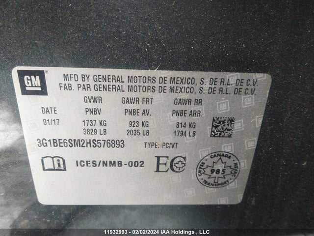 Chevrolet CRUZE LT 2017 3G1BE6SM2HS576893 Image 9