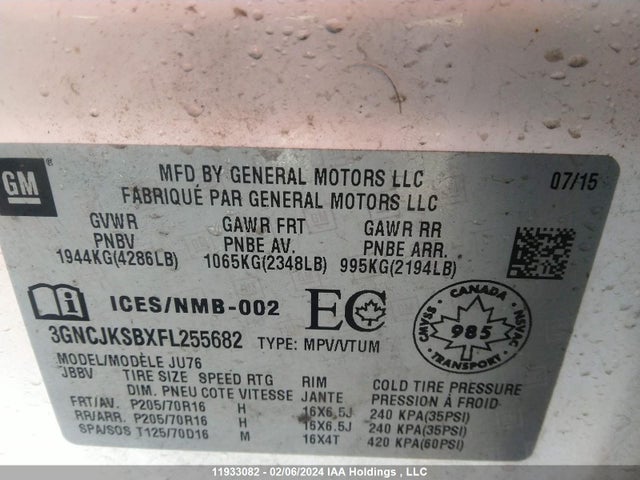 Chevrolet Trax 2015 3GNCJKSBXFL255682 Image 9