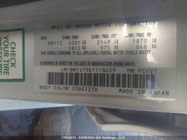 2014 Mazda 3 Touring მანქანა იყიდება აუქციონზე, vin: JM1BM1V79E1118459, აუქციონის ნომერი: 11933413