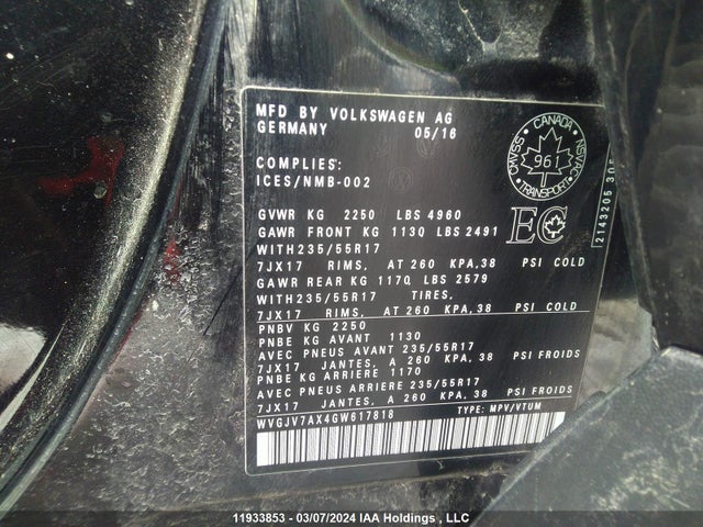WVGJV7AX4GW617818 Volkswagen Tiguan