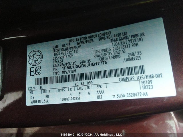 1FMCU0GD6JUB17775 Ford ESCAPE SE