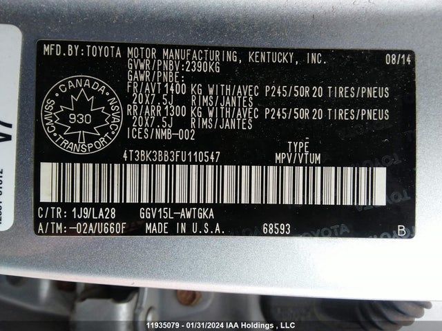 Toyota Venza Base V6 2015 4T3BK3BB3FU110547 Image 9