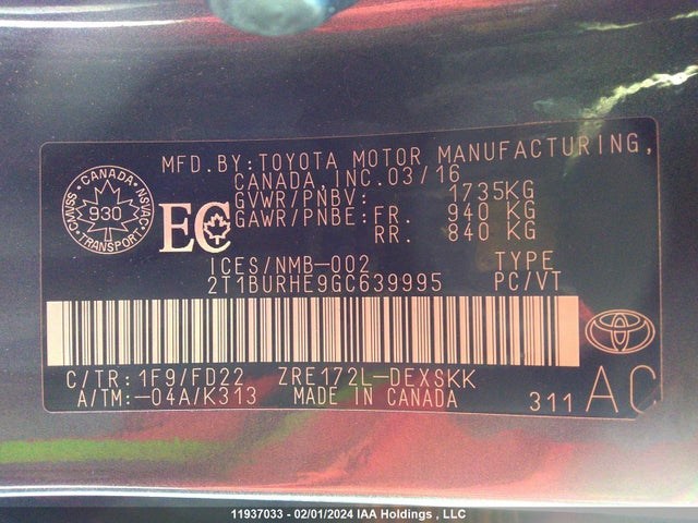 11937033 :رقم المزاد ، 2T1BURHE9GC639995 vin ، 2016 Toyota Corolla L/le/le Pls/prm/s/s Pls مزاد بيع