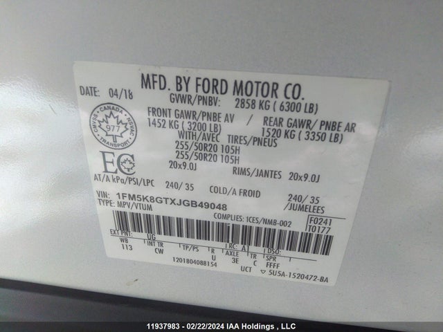 Ford EXPLORER SPORT 2018 1FM5K8GTXJGB49048 Image 9