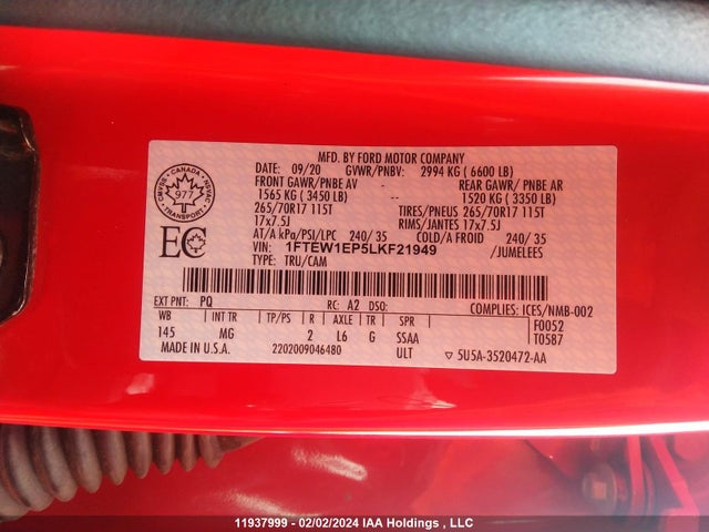 Ford F150 Supercrew 2020 1FTEW1EP5LKF21949 Image 9