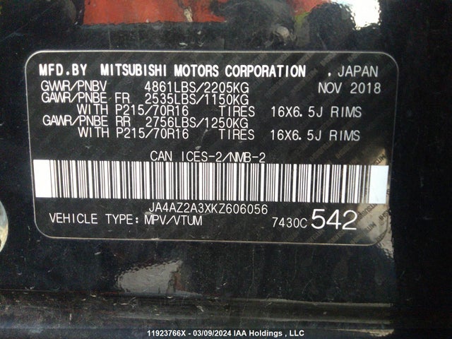 JA4AZ2A3XKZ606056 Mitsubishi Outlander