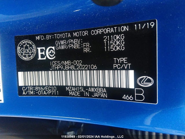JTHP9JBH8L2022106 Lexus UX 250H