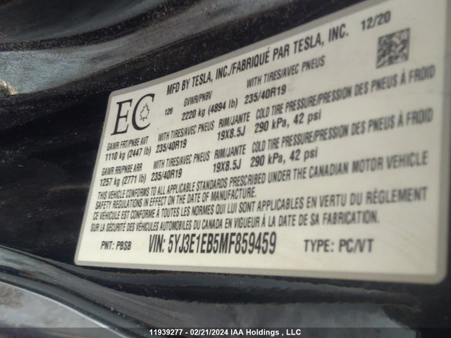 Tesla MODEL 3 2021 5YJ3E1EB5MF859459 Image 9