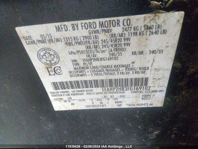Ford TAURUS SEL 2015 1FAHP2H83FG169102 Image 9