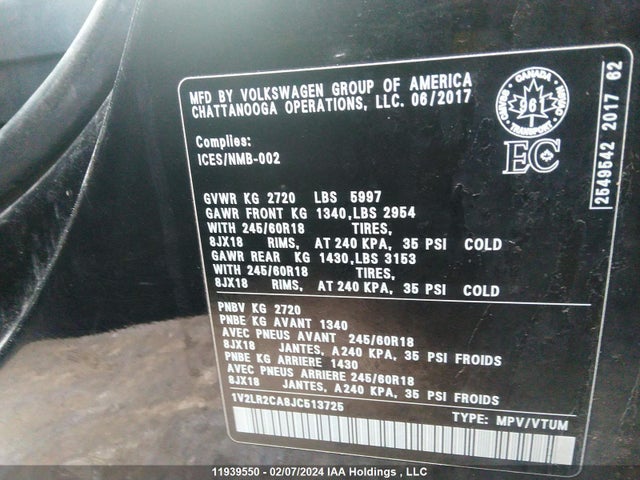 1V2LR2CA8JC513725 Volkswagen ATLAS