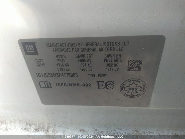 Chevrolet Sonic 2015 1G1JC5SH3F4175963 Image 9