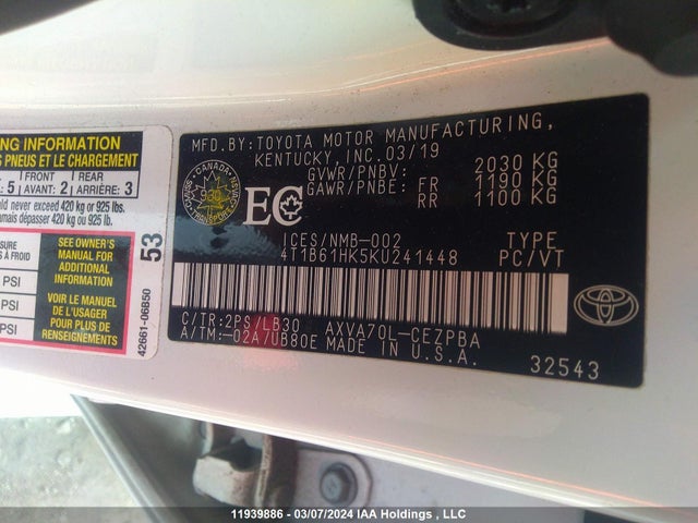 Toyota CAMRY 2019 4T1B61HK5KU241448 Image 9