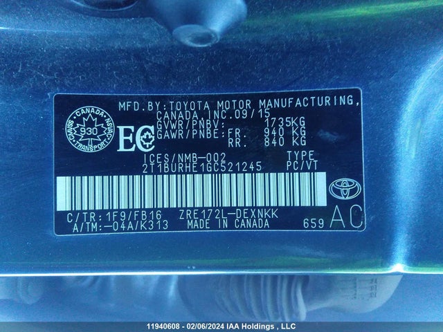 Toyota COROLLA CE/LE/S 2016 2T1BURHE1GC521245 Image 9