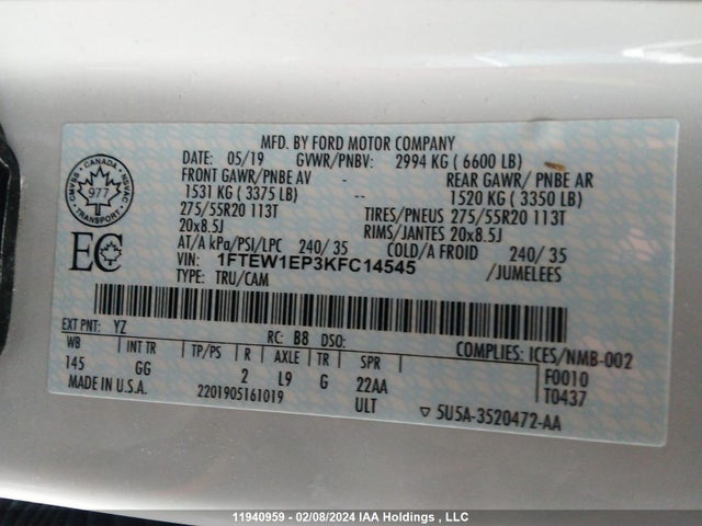 Ford F150 Supercrew 2019 1FTEW1EP3KFC14545 Image 9