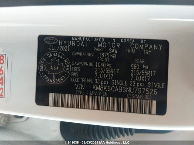 Hyundai Kona Preferred Awd With Sun And Leather Package 2022 KM8K6CAB3NU797526 Image 9