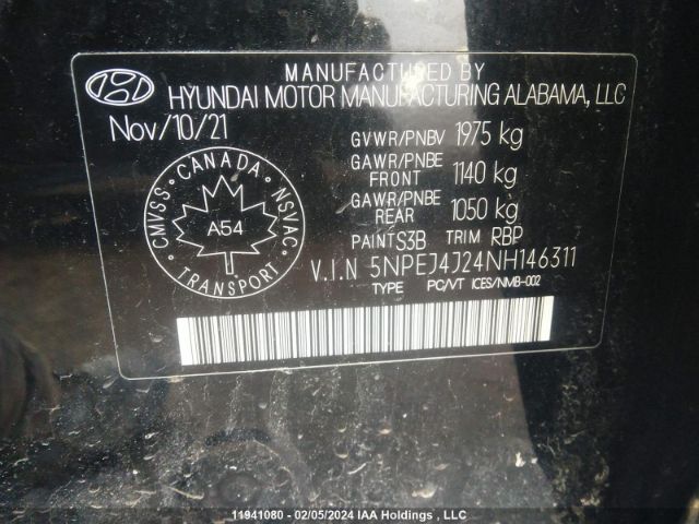 5NPEJ4J24NH146311 Hyundai Sonata Sel Plus