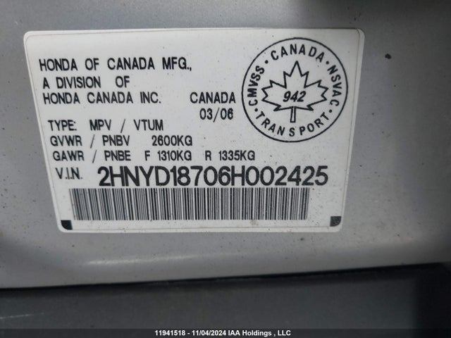 Aukcja sprzedaży 2006 Acura Mdx Touring, vin: 2HNYD18706H002425, numer aukcji: 11941518