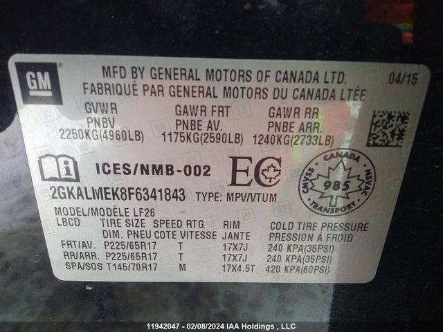 2GKALMEK8F6341843 GMC lea - flex fuel (gas/alc), aluminum, ho,