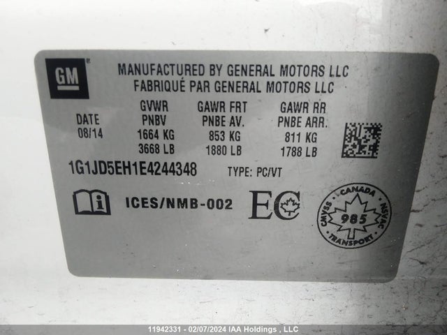 Chevrolet Sonic 2014 1G1JD5EH1E4244348 Image 9