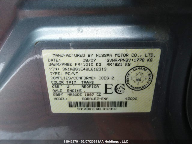 2008 Nissan Sentra 2.0s მანქანა იყიდება აუქციონზე, vin: 3N1AB61E48L612313, აუქციონის ნომერი: 11942370