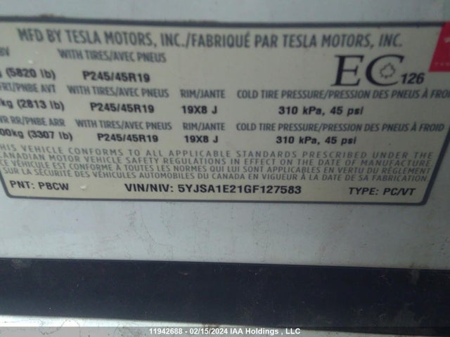 5YJSA1E21GF127583 Tesla MODEL S