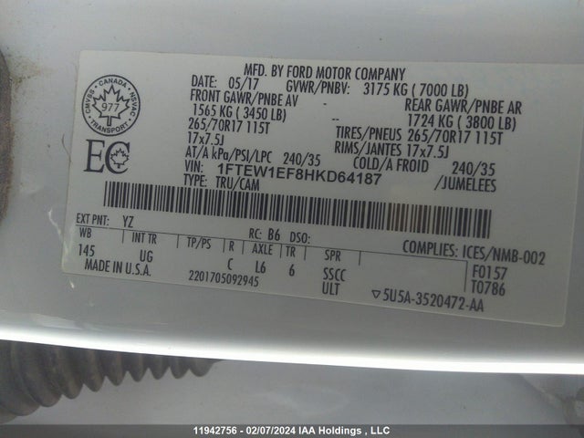 Ford F150 Supercrew 2017 1FTEW1EF8HKD64187 Image 9