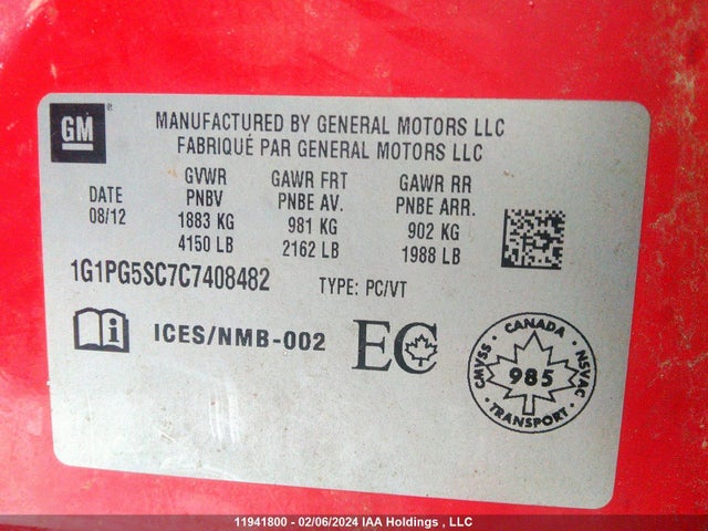 2012 Chevrolet Cruze მანქანა იყიდება აუქციონზე, vin: 1G1PG5SC7C7408482, აუქციონის ნომერი: 11941800
