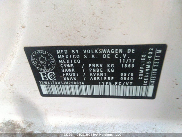 3VWA17AU3JM268824 Volkswagen GOLF