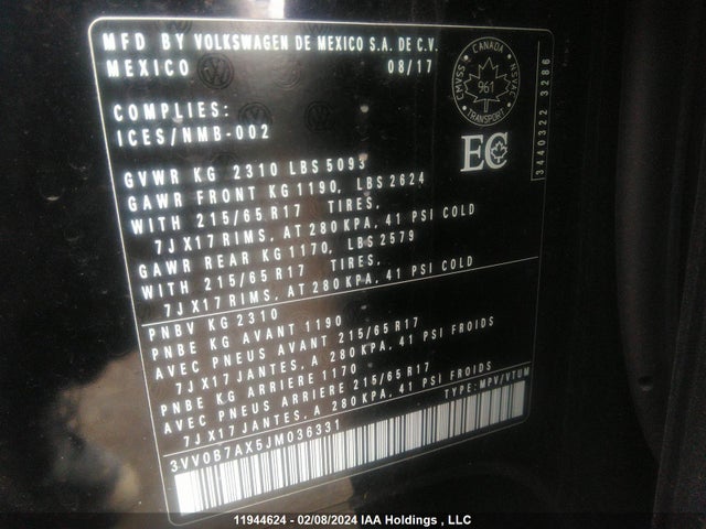 3VV0B7AX5JM036331 Volkswagen TIGUAN