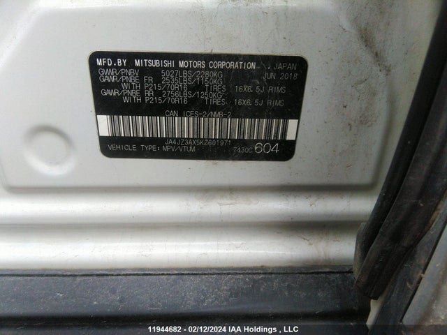 2019 MITSUBISHI OUTLANDER VIN: JA4JZ3AX5KZ601971