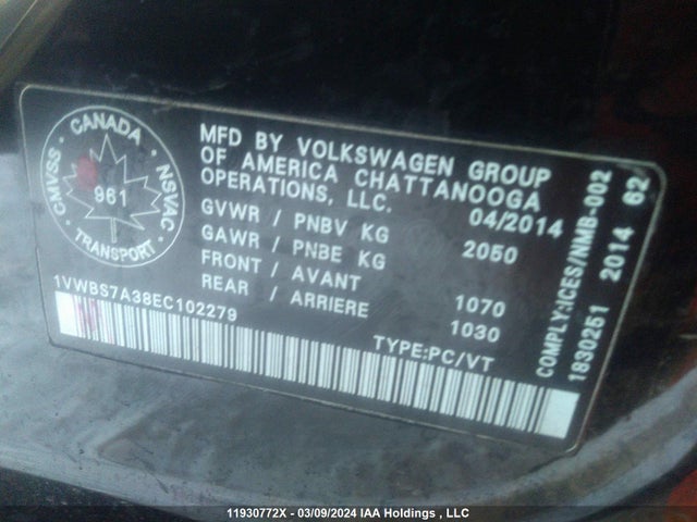 1VWBS7A38EC102279 Volkswagen PASSAT