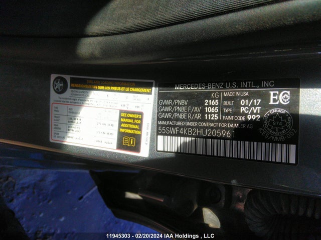 Aukcja sprzedaży 2017 Mercedes-benz C-class, vin: 55SWF4KB2HU205961, numer aukcji: 11945303