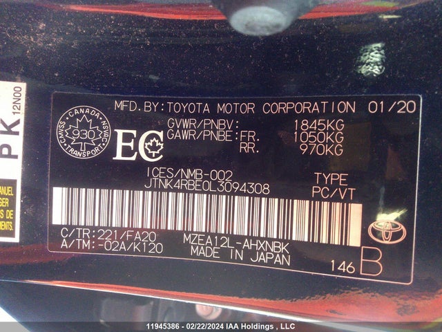 Toyota COROLLA 2020 JTNK4RBE0L3094308 Image 9