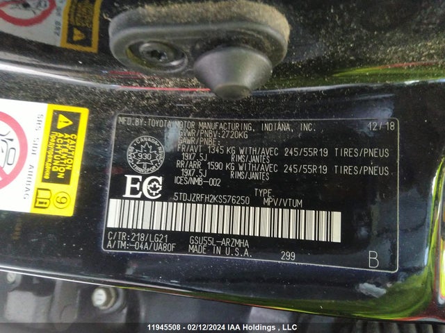 Toyota Highlander Se/xle 2019 5TDJZRFH2KS576250 Image 9